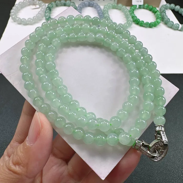 天然A货翡翠卡5.8mm老坑冰胶水润晴水绿圆珠多圈女士珠子项链手串