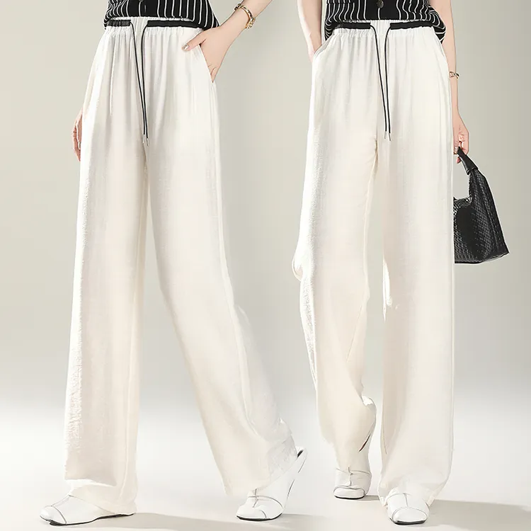 夏季亚麻薄款阔腿女裤新款冰丝松紧抽绳高腰显瘦透气裤宽松816
