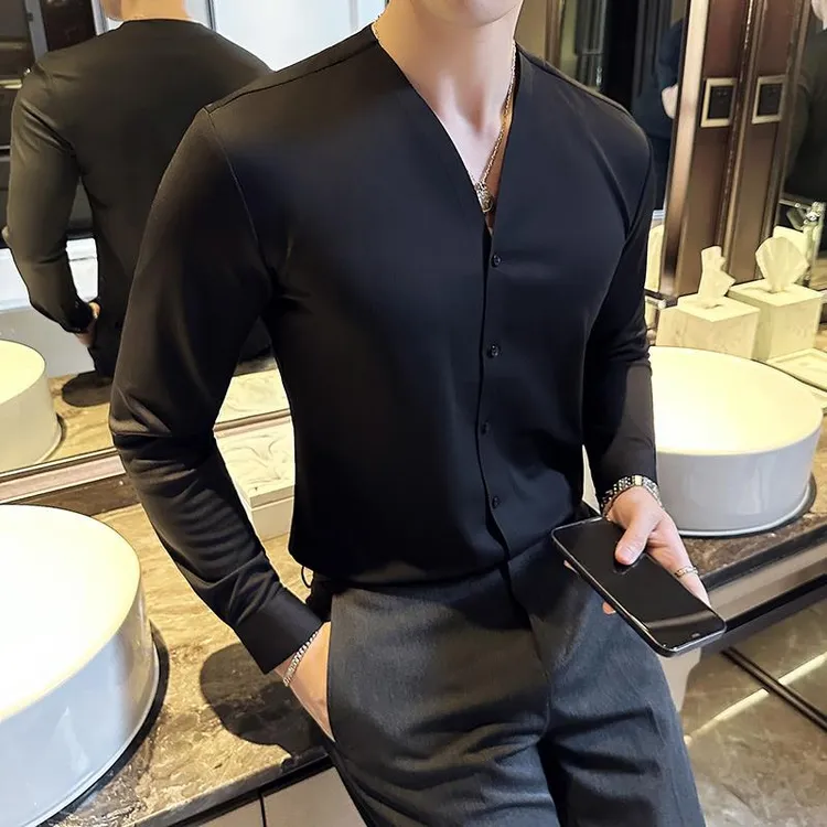 【BHAK・香港奢品高定】网红痞帅V领衬衫男长袖高级感修身冰丝无领