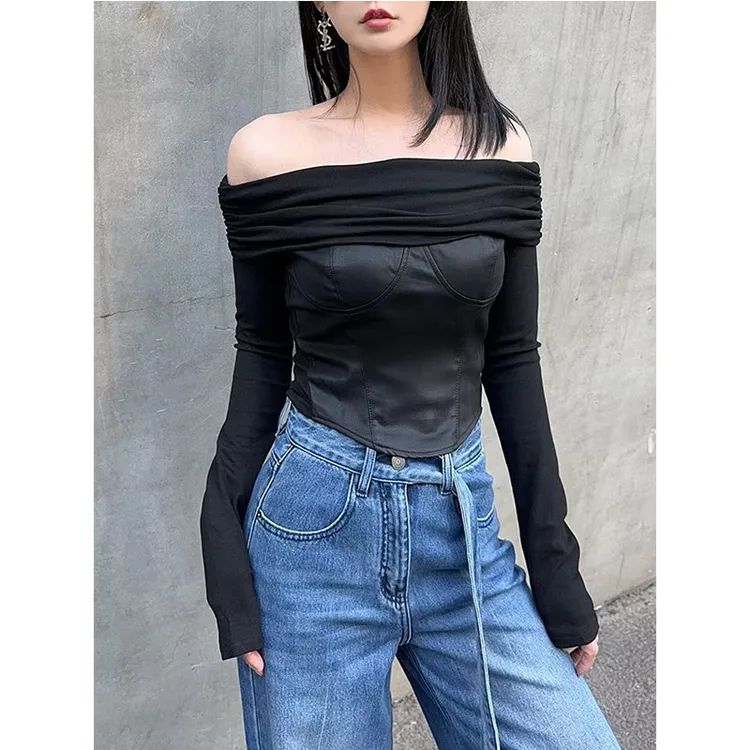 辣妹2025早秋新款纯欲风一字肩螺纹长袖露肩T恤显瘦性感小众短款