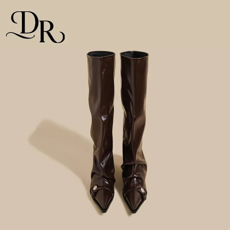 靴子女款爆款2025新款骑士靴女棕色加绒褶皱裤管靴不过膝长筒靴子