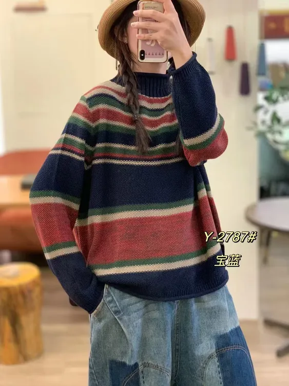 秋季针织休闲风条纹毛针织衫拼色慵懒风针织衫半高领毛衣女2787