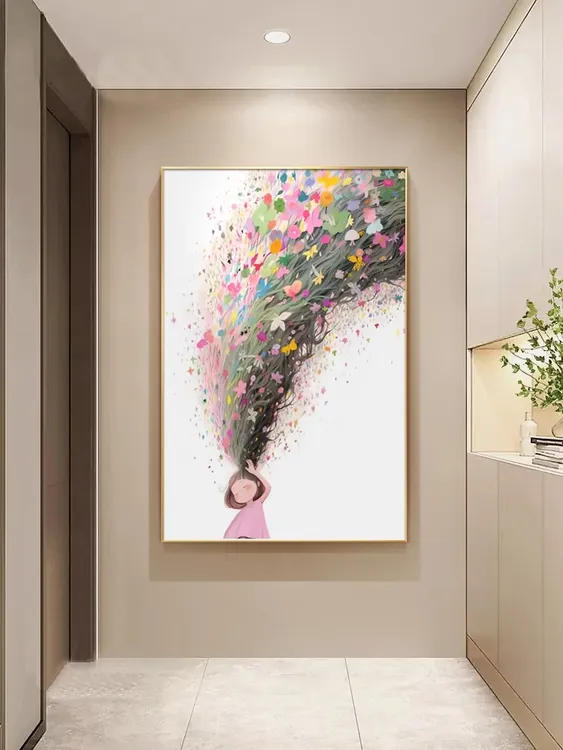 墙壁装饰画卡通入户玄关挂画治愈女孩儿童房小众客厅走廊过道壁画