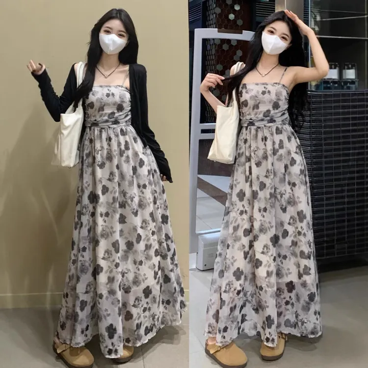 2025大码春夏款设计感水墨画玫瑰晕染气质吊带连衣裙+开衫两件套