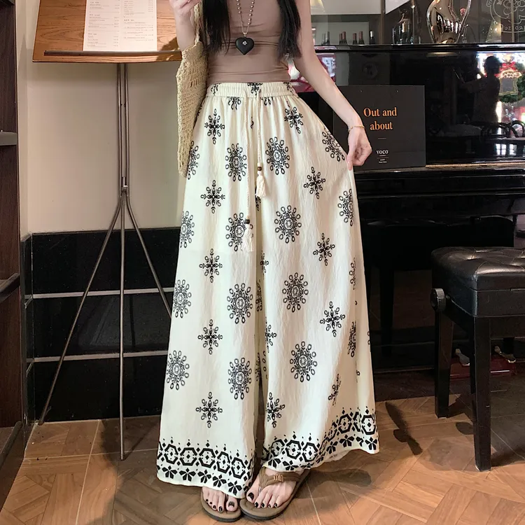 LOzP民族风复古碎花宽裤裙女夏季新款高腰抽绳宽松百搭直筒休闲裤