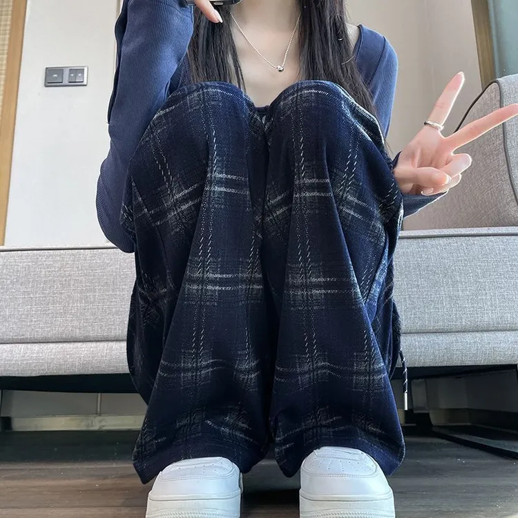 复古格子阔腿裤女2025新款秋冬加绒宽松休闲高腰垂感窄版休闲直筒