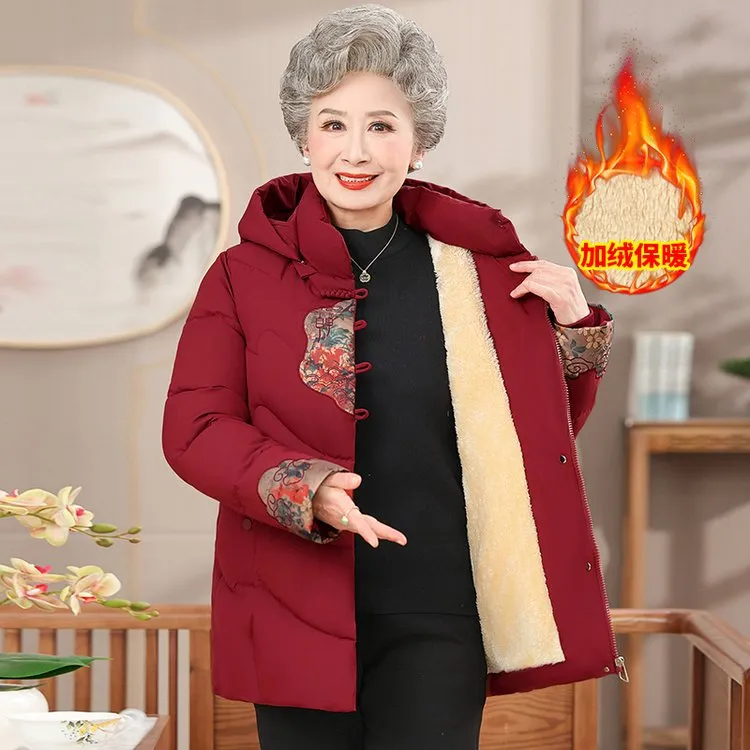 女大码新款中老年女装连帽棉袄外套妈妈冬装棉衣加绒加厚棉服