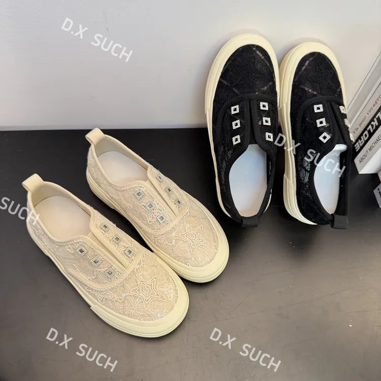 D.X SUCH小香风编织渔夫鞋蕾丝网面一脚蹬女鞋透气时尚休闲鞋