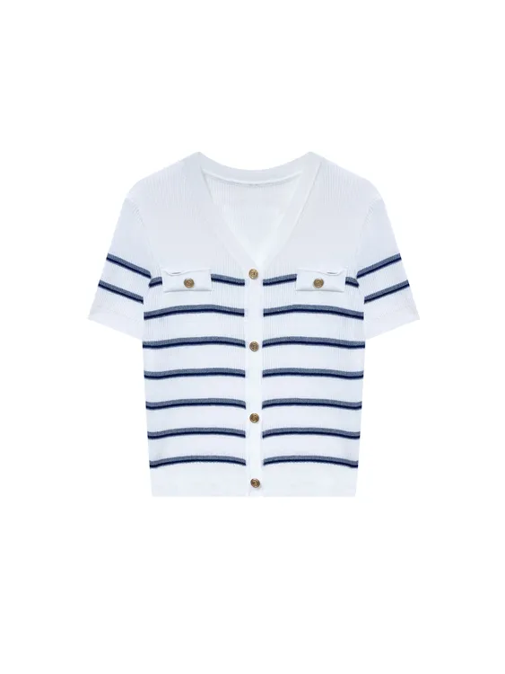 5246小香风条纹短袖开衫女装新款修身外搭上衣减龄针织衫