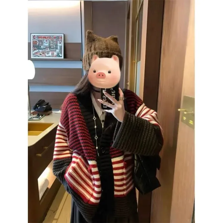 高级感超好看加厚条纹毛衣外套女秋冬大码胖mm慵懒风针织开衫上衣