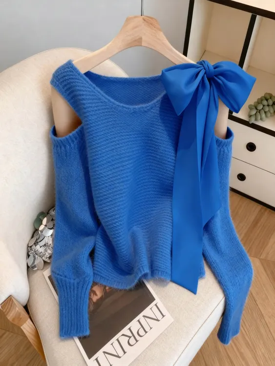 法式系带蝴蝶结温柔风毛针织衫女2025秋冬季新款甜美减龄露肩毛衣