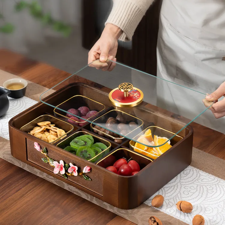 家用花开富贵干果盒客厅茶几带盖分格坚果零食收纳水果盘待客
