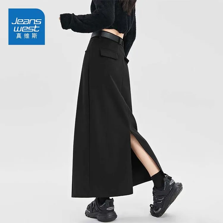 真维斯黑色西装半身裙女秋季2025新款高腰a字梨型身材显瘦包臀裙