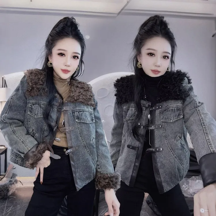 网红爆款加厚保暖棉衣女秋冬加棉短款拼接羊羔毛牛仔派克服外套潮