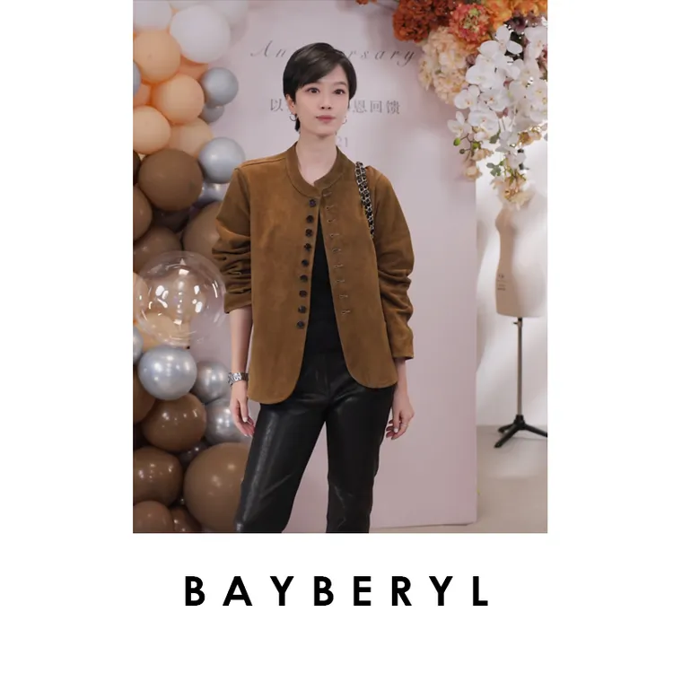  BAYBERYL老贝多扣皮衣系带绒面立领时尚棕秋外套9PY5H1442-8/17