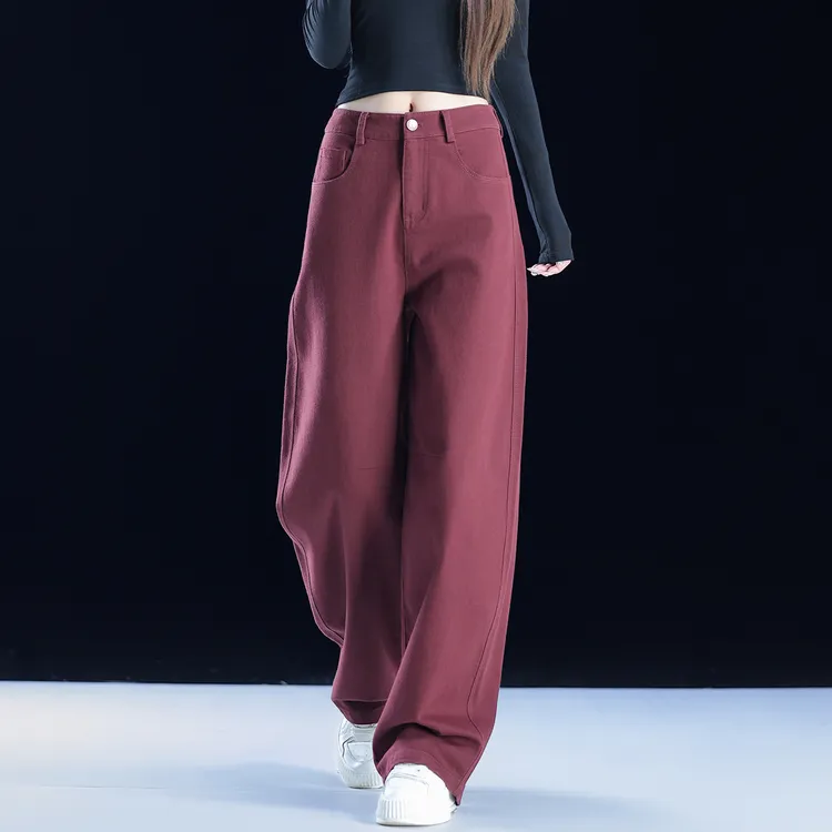 酒红色阔腿裤女2025新款秋季直筒裤高腰宽松休闲裤百搭显瘦长裤子