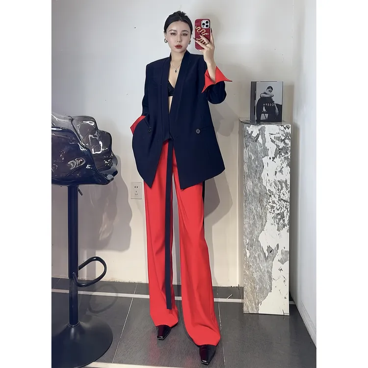 ZEROYK欧货高定女装春款设计感撞色系带西装阔腿裤洋气减龄两件套