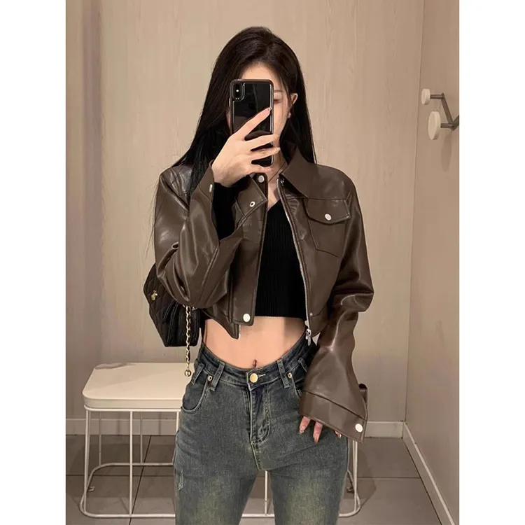 美式高街辣妹短款皮衣女秋冬季2025新款高腰高级感机车服夹克上衣