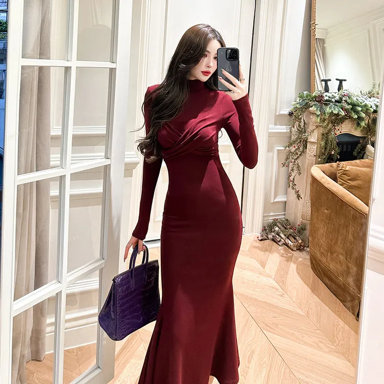 婷婷衣恋20229秋季新款时尚复古气质长袖修身收腰包臀鱼尾连衣裙