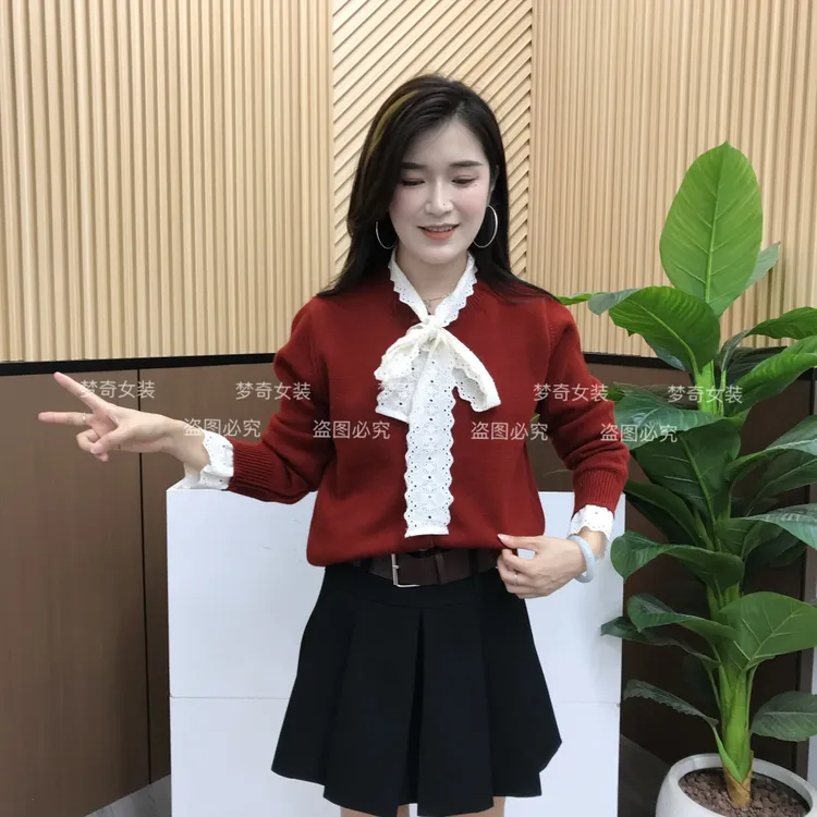 2025新款韩系复古蕾丝花边开衫毛衣女秋冬蝴蝶结系带针织衫上衣服