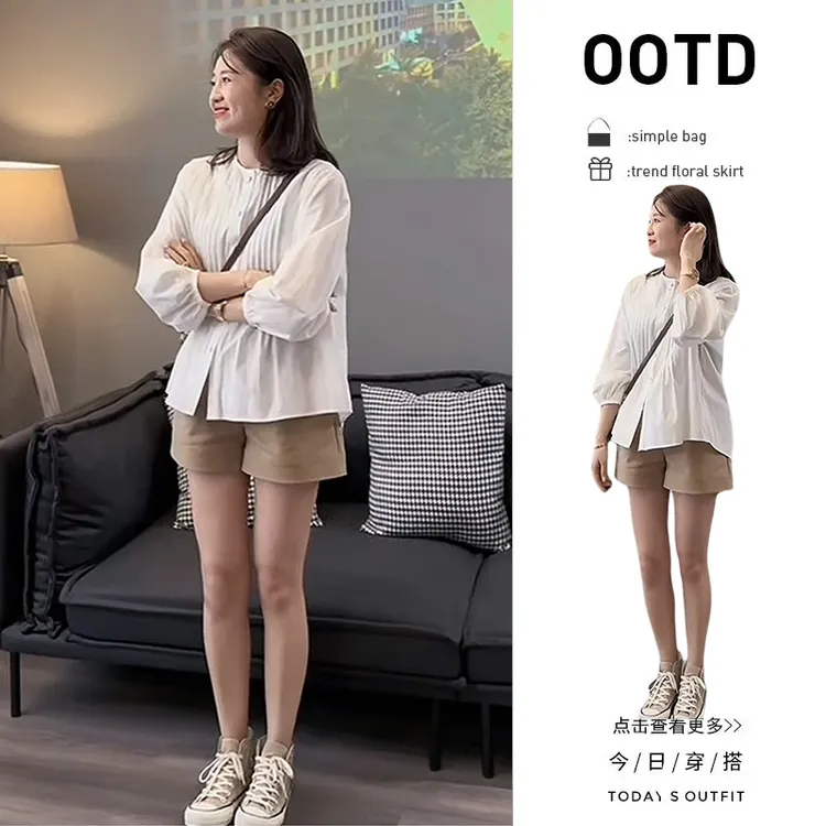夏季洋气穿搭一整套2025新款韩版白色褶皱衬衫高腰阔腿短裤两件套