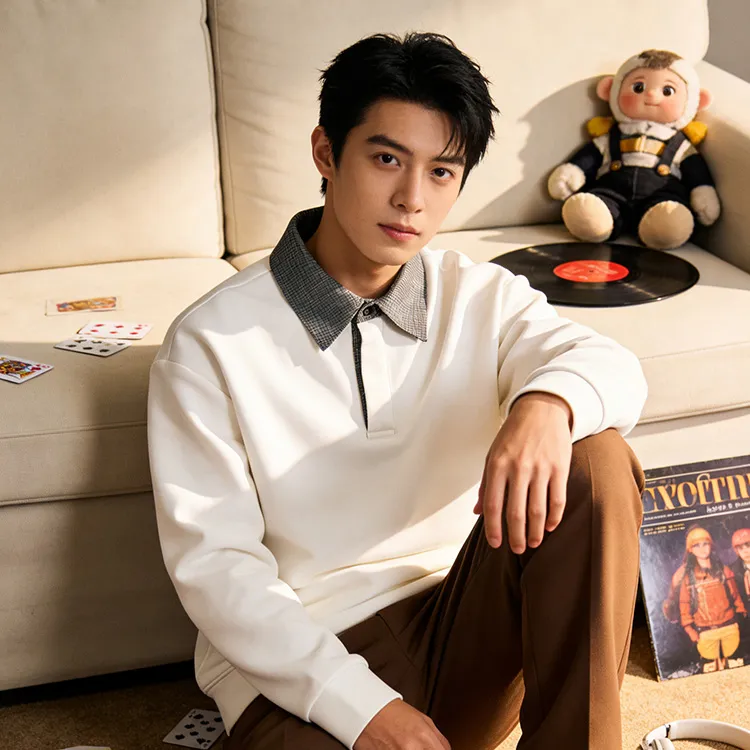 【高级定制】Daviarud/代卫冬季加绒加厚撞色格纹套头翻领休闲polo衫男87301