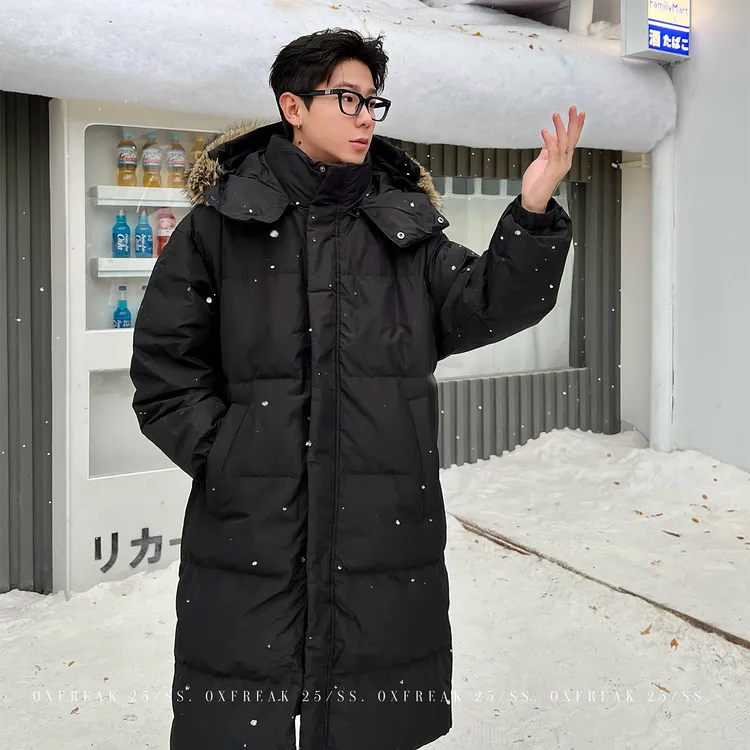 OXFREAK「毛领座山雕」新国标90白鸭绒纯色羽绒服男连帽长款外套