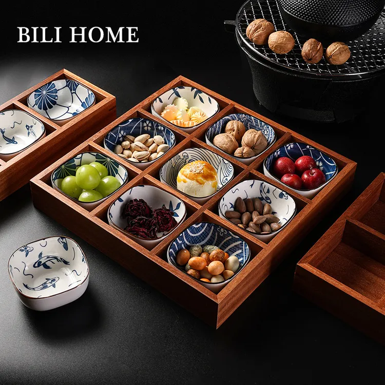 九宫格木制品干果盘新款中式盘子果盘户外陶瓷围炉煮茶托盘碟套装