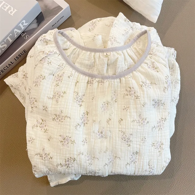 双层纯棉纱布睡裙女夏季短袖薄款日系甜美碎花夏天全棉睡衣家居服