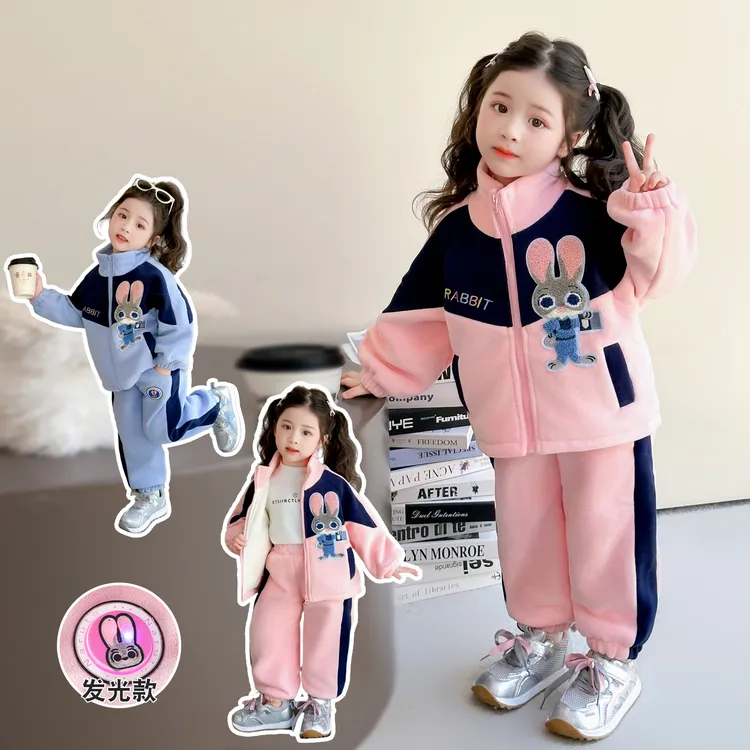 儿童秋冬季奥粒绒卡通高领加绒套装2025新款女童秋冬装洋气运动服