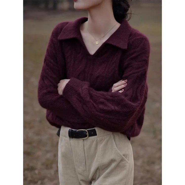 复古翻领套头针织衫上衣外穿v领软糯宽松慵懒秋冬2025麻花毛衣女