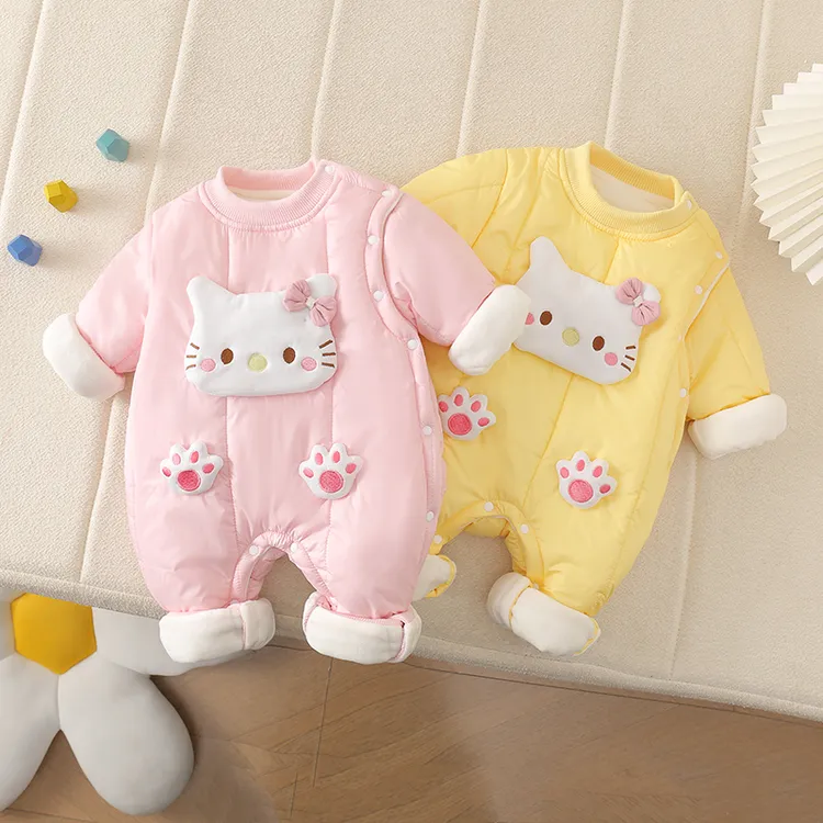 婴幼儿长袖冬季保暖卡通可爱猫咪爬服秋冬斜襟肩扣偏开薄棉哈衣