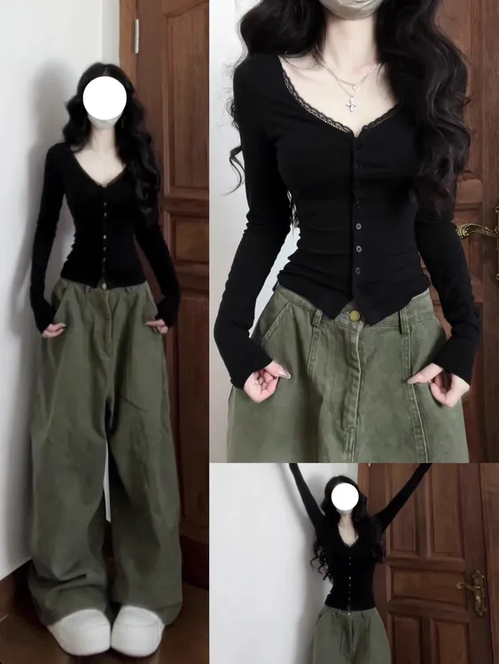 秋季新款纯欲风性感v领长袖打底衫T恤女独特绝美辣妹修身小上衣
