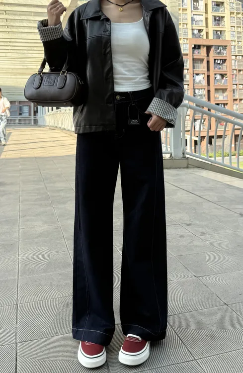 简约休闲百搭高腰牛仔裤女新款巨好看的秋冬裤子慵懒风阔腿裤长裤