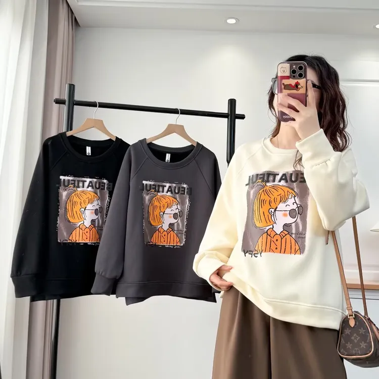 大码胖mm冬季韩式卡通女孩印花加绒加厚卫衣宽松减龄百搭上衣2576