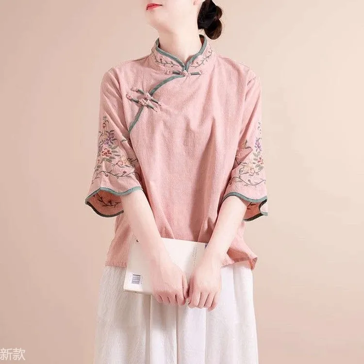 新中式重工刺绣棉麻衬衫女2025夏季新款气质国风复古盘扣茶服上衣