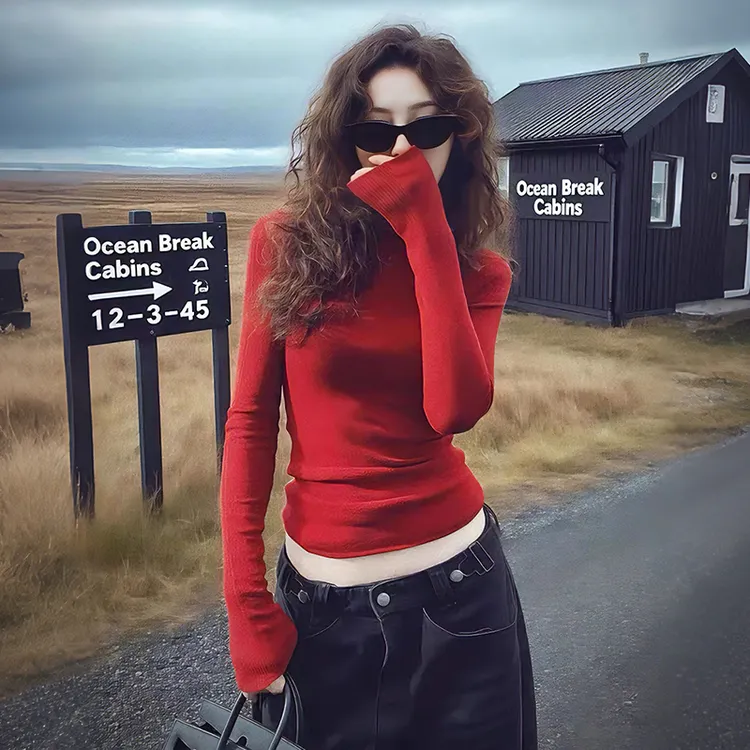 红色上衣女新款2026爆款小众ins洋气圆领内搭长袖打底衫修身t恤衫