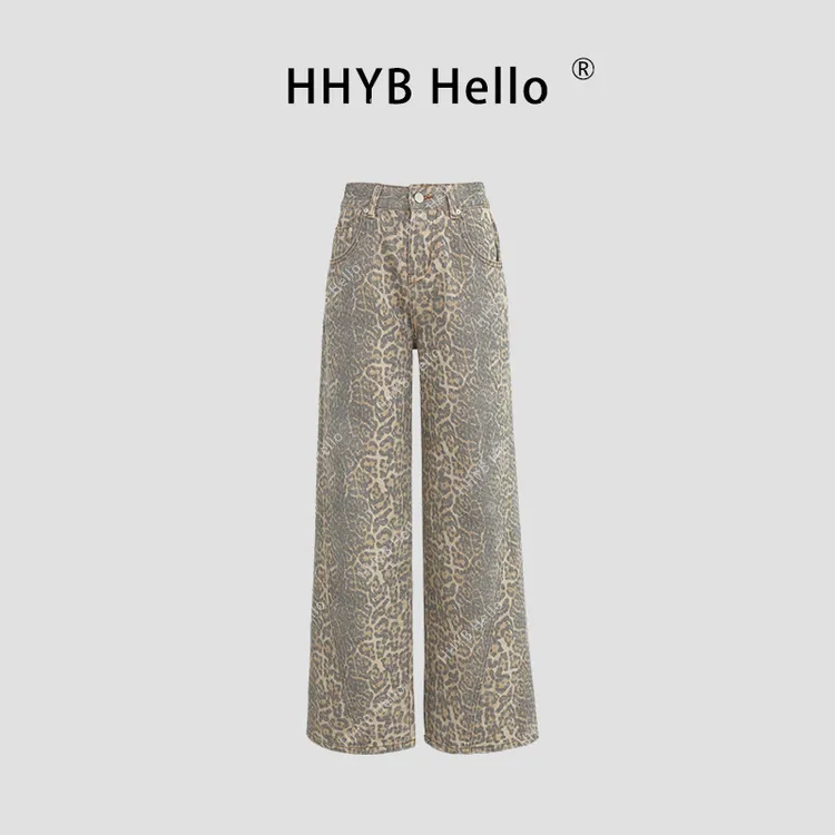 HHYB Hello2025新款美式复古豹纹印花水洗做旧阔腿牛仔长裤H60054