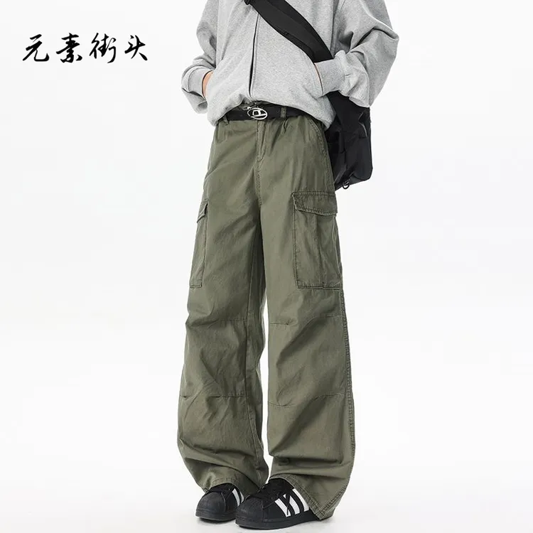 2025新款军绿色褶皱工装裤男春季宽松垂感阔腿拖地裤高街复古裤子