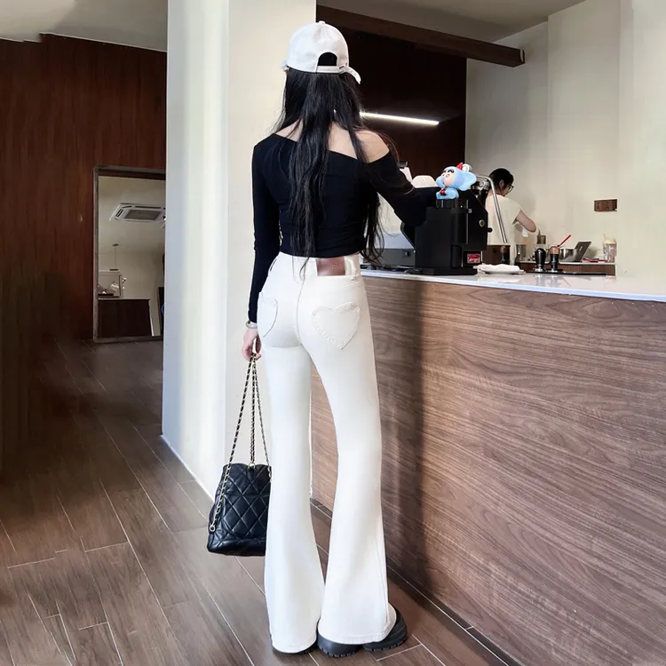 白色高腰微喇牛仔裤女2025秋季新款显瘦小个子马蹄九分长裤喇叭裤