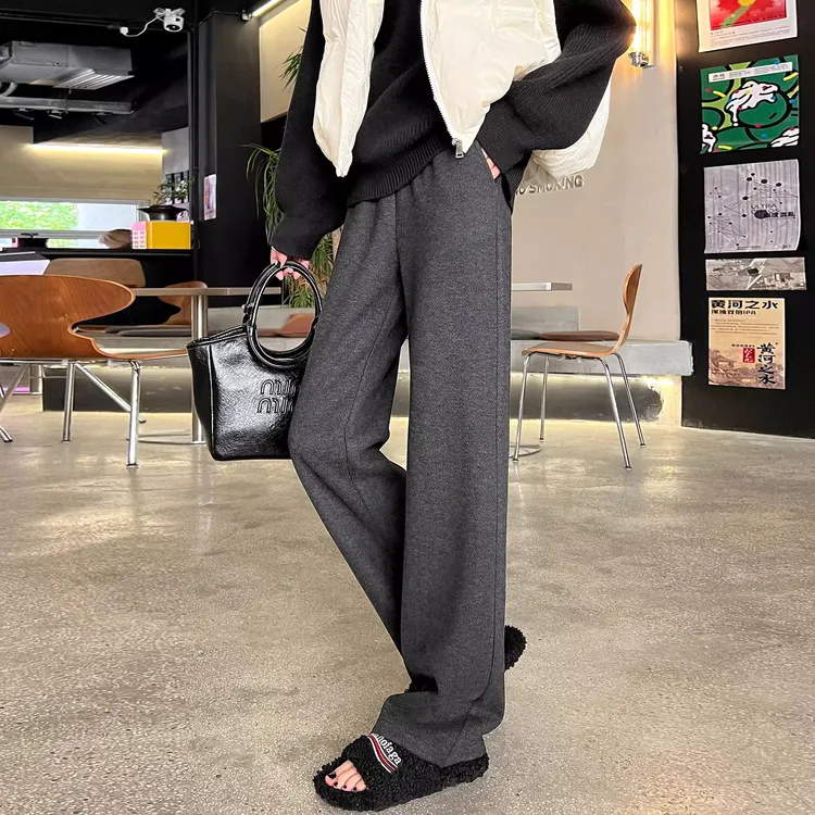百搭毛呢阔腿裤女秋冬新款加绒梨型身材微胖人字纹大码直筒休闲裤