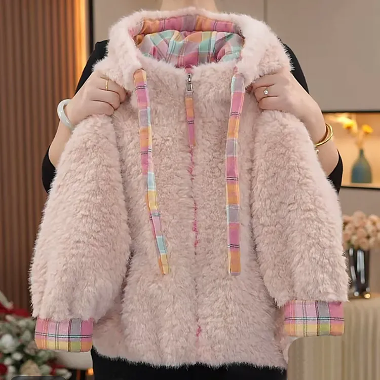 女童毛毛外套秋冬新款韩系彩色格子拼接外套女孩洋时髦气百搭外套