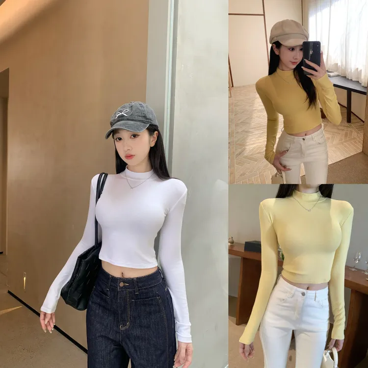 美式辣妹高腰纯色半高领紧身长袖T恤女 正肩修身打底短款立领上衣