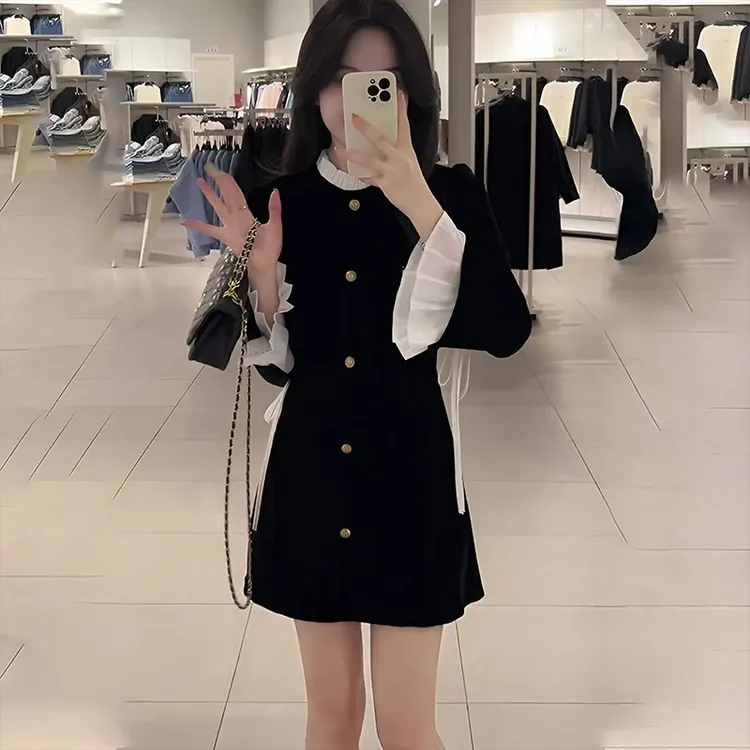 纯欲风甜美短裙收腰拼接连衣裙女2025新款秋季长袖假两件内搭裙子