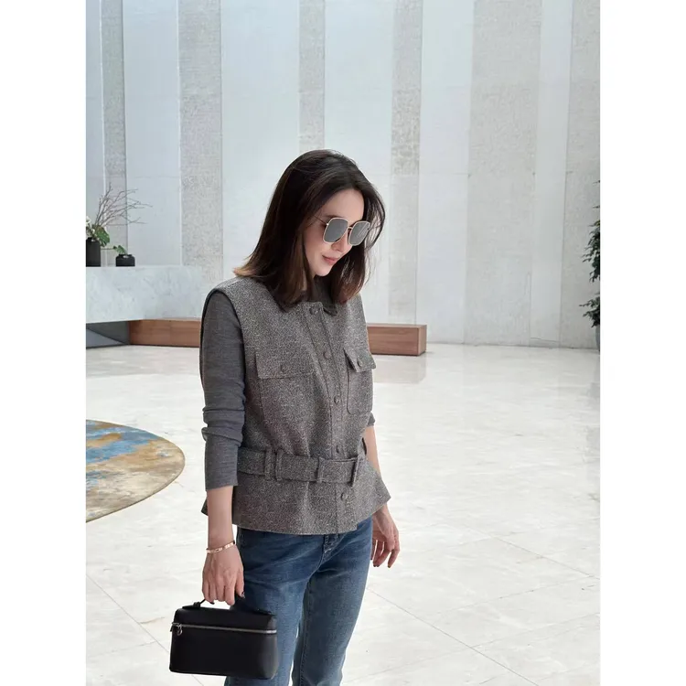 JESSICA WU灰褐粗花呢翻领带盖口袋修身腰带马甲2536913001