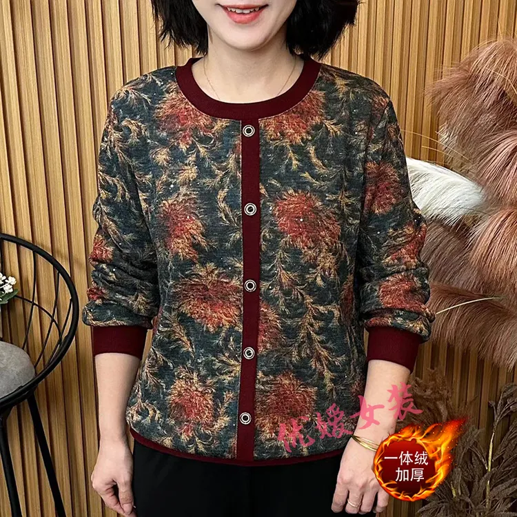 中老年女装秋冬时尚加绒保暖圆领印花宽松显瘦洋气妈妈装长袖上衣