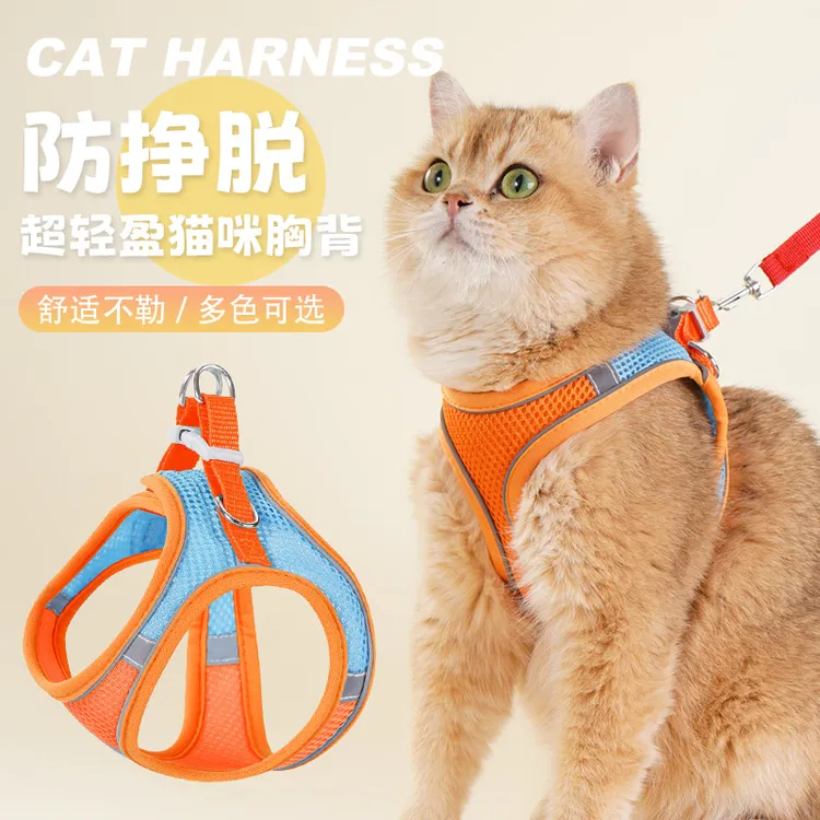 猫咪牵引绳可爱背心式胸背防挣脱幼猫魔术贴扣反光宠物遛猫绳