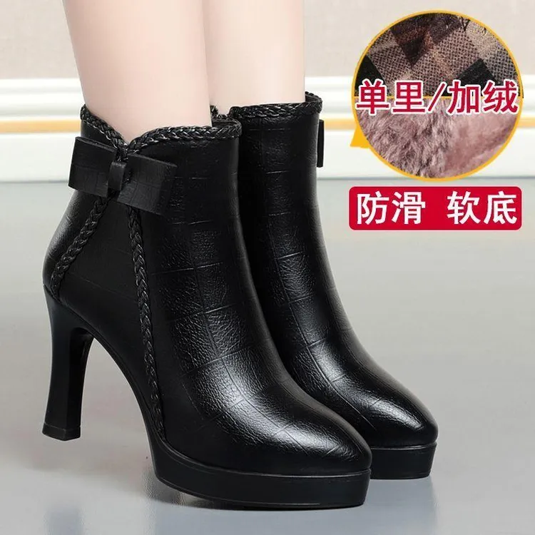 2024新款冬季高跟真皮靴子女加绒保暖短靴女时尚百搭英伦风时装靴