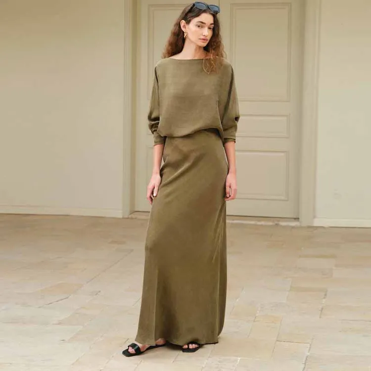 【栖谷】2025春夏新款砂洗铜氨丝时尚套装轻奢高品质洋气衣服两件套