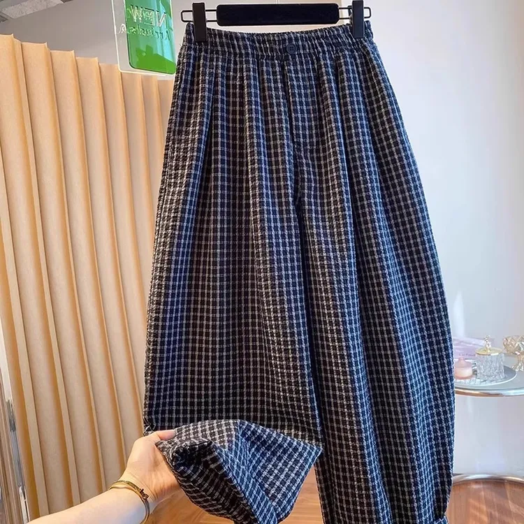 高级感格子哈伦裤女夏薄款2025新款宽松休闲百搭阔腿裤九分气球裤